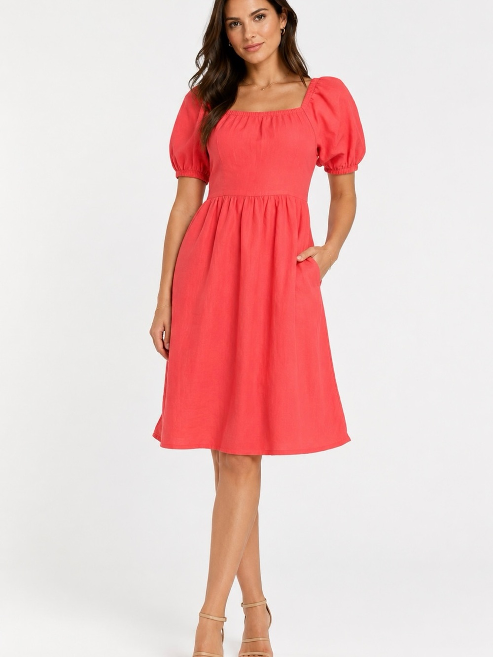 NWT Abel the Label Anthropologie Coral Linen Blend Puff Sleeve Midi Summer Dress